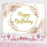 Lofaris Gold Glitter Floral Feather Happy Birthday Backdrop